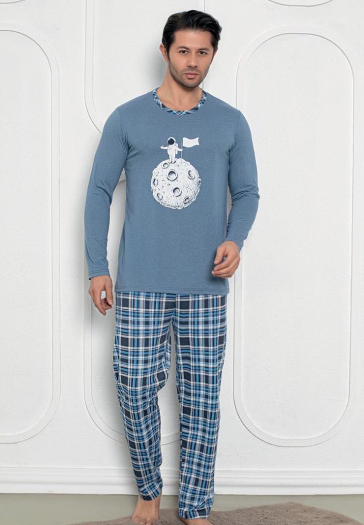 Pijama Bărbați – Mâneci Lungi și Pantaloni Lungi – Print Astronaut – Albastru