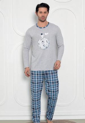 Pijama Bărbați – Mâneci Lungi și Pantaloni Lungi – Print Astronaut –Gri