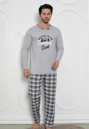 Pijama Bărbați Gri Deschis cu Print Camping Crew – Mâneci Lungi și Pantaloni Lungi