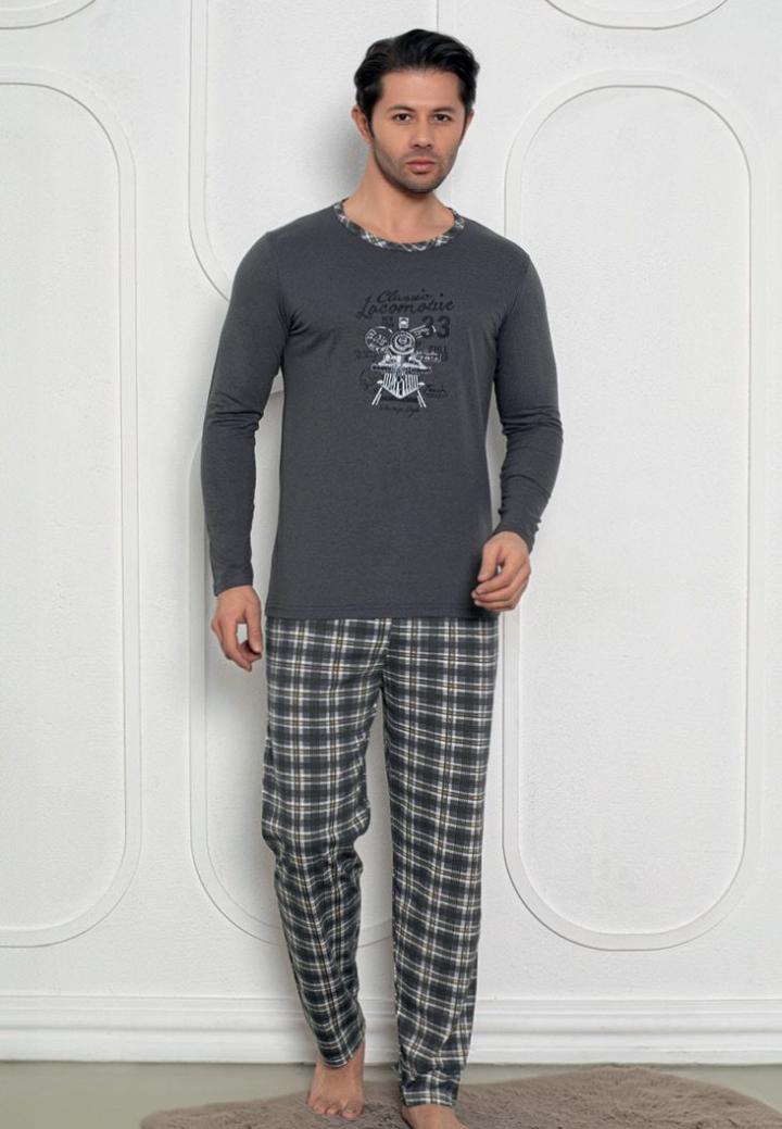 Pijama Bărbați Gri Închis cu Design Locomotive – Mâneci Lungi și Pantaloni Lungi