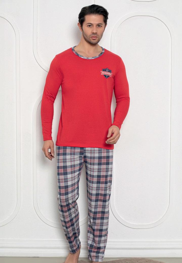 Pijama Bărbați Roșu – Mâneci Lungi și Pantaloni Lungi, Design Academic