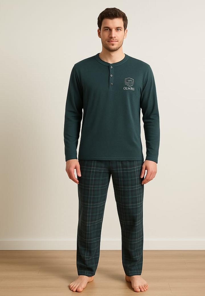 Pijama bărbat bumbac – mânecă lungă, pantalon lung , Verde