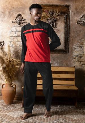 Pijamă Bărbați din Bumbac – Mânecă Lungă și Pantaloni Lungi cu Dungi, Bordo