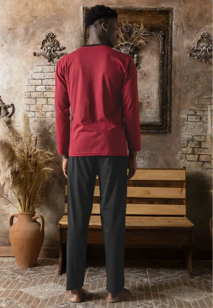 Pijamă Bărbați din Bumbac – Mâneca Lungă și Pantaloni Lungi, Culoare Bordo