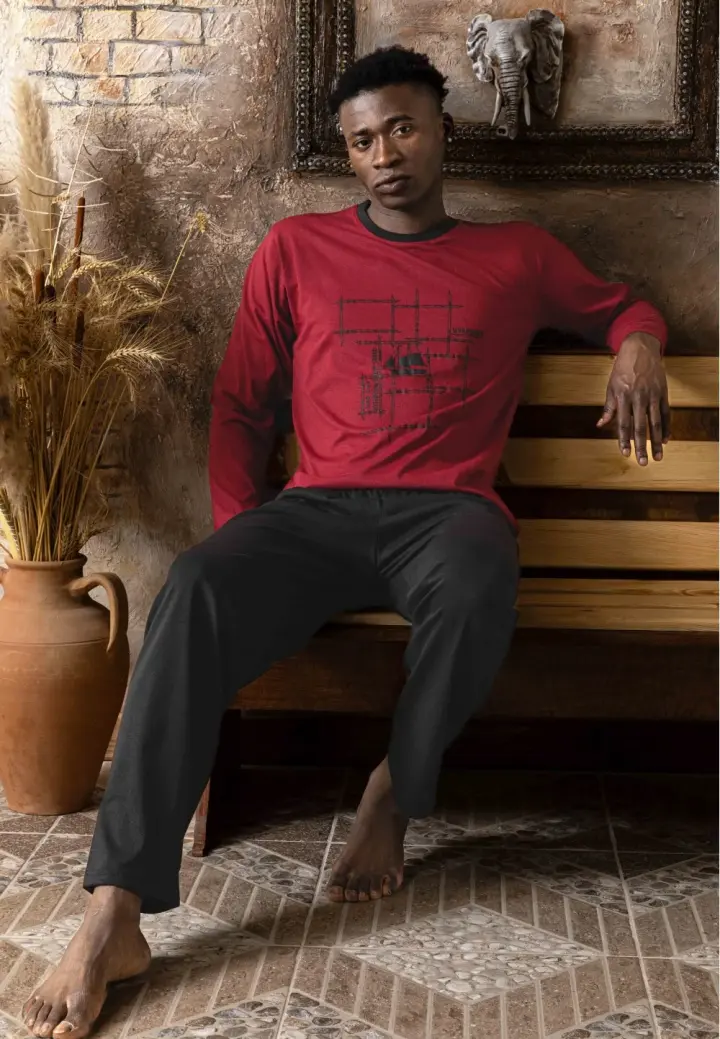 Pijamă Bărbați din Bumbac – Mâneca Lungă și Pantaloni Lungi, Culoare Bordo