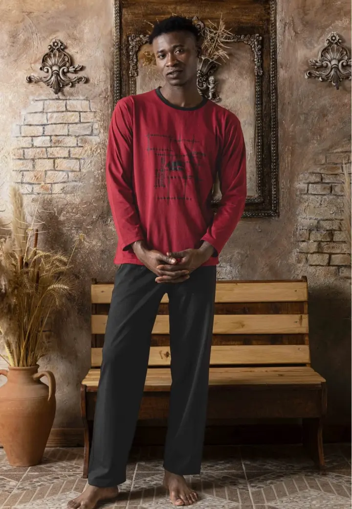 Pijamă Bărbați din Bumbac – Mâneca Lungă și Pantaloni Lungi, Culoare Bordo