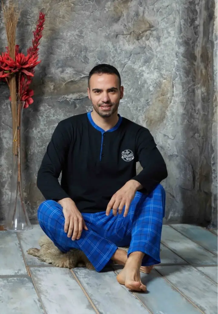 Pijamă Bărbați Mâneca Lungă și Pantaloni Lungi Negru, Albastru