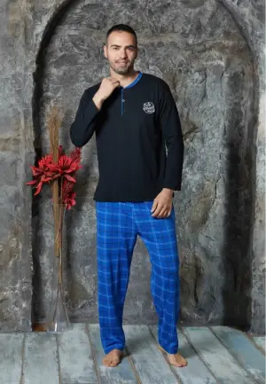 Pijamă Bărbați Mâneca Lungă și Pantaloni Lungi Negru, Albastru