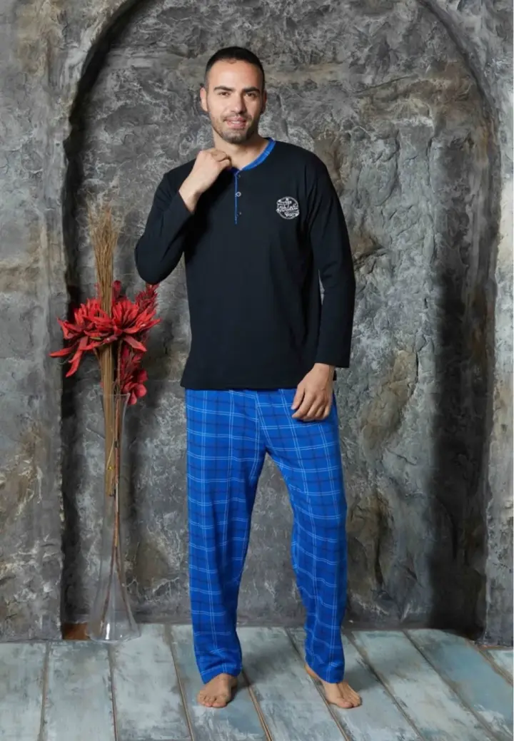 Pijamă Bărbați Mâneca Lungă și Pantaloni Lungi Negru, Albastru