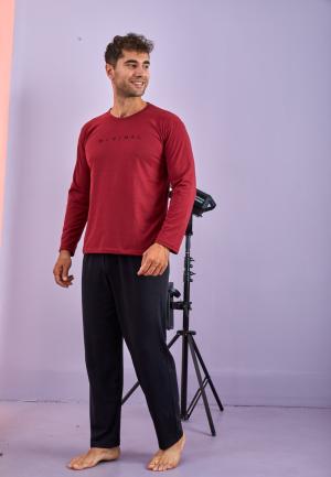 Pijama Bărbați Mâneci Lungi, Pantaloni Lungi, Bordo, Mivimal