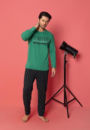 Pijama Bărbați Big Size Mâneci Lungi, Pantaloni Lungi, Timf – Verde