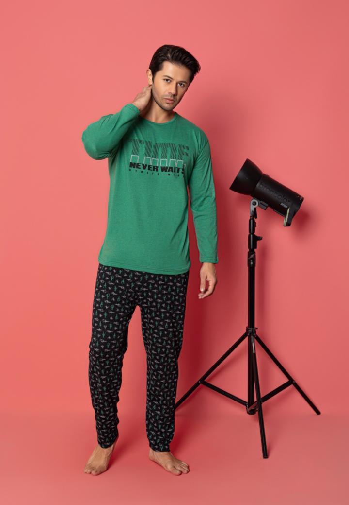 Pijama Bărbați Big Size Mâneci Lungi, Pantaloni Lungi, Timf – Verde