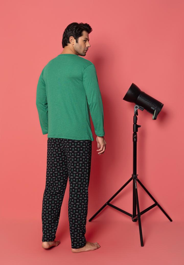 Pijama Bărbați Big Size Mâneci Lungi, Pantaloni Lungi, Timf – Verde