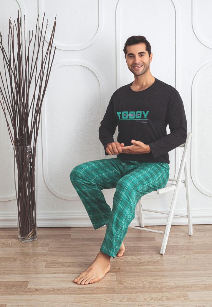 Pijama Bărbați Mâneci Lungi, Pantaloni Lungi, Toddy/Gri Închis
