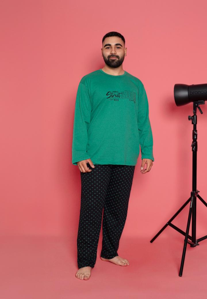 Pijamă Bărbați Big Size – Mâneci Lungi, Pantaloni Lungi, Street, Verde