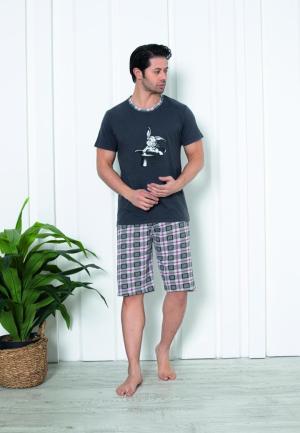 Pijama Bărbat din Bumbac – Mânecă Scurtă și Pantaloni Trei Sferturi cu Șapcă