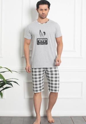 Pijama Bărbat din Bumbac – Mânecă Scurtă și Pantaloni Trei Sferturi, ,Hip Hop, gri