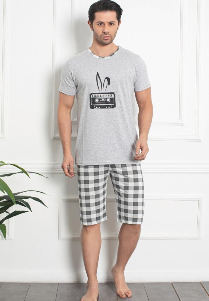 Pijama Bărbat din Bumbac – Mânecă Scurtă și Pantaloni Trei Sferturi, ,Hip Hop, gri
