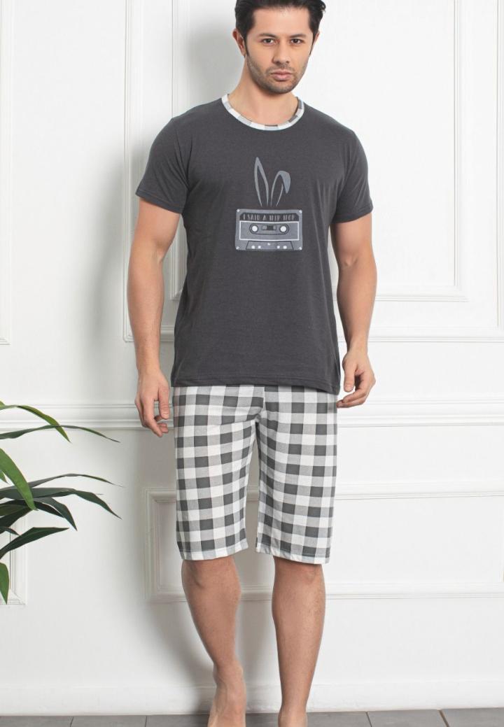 Pijama Bărbat din Bumbac – Mânecă Scurtă și Pantaloni Trei Sferturi, ,Hip Hop, gri închis