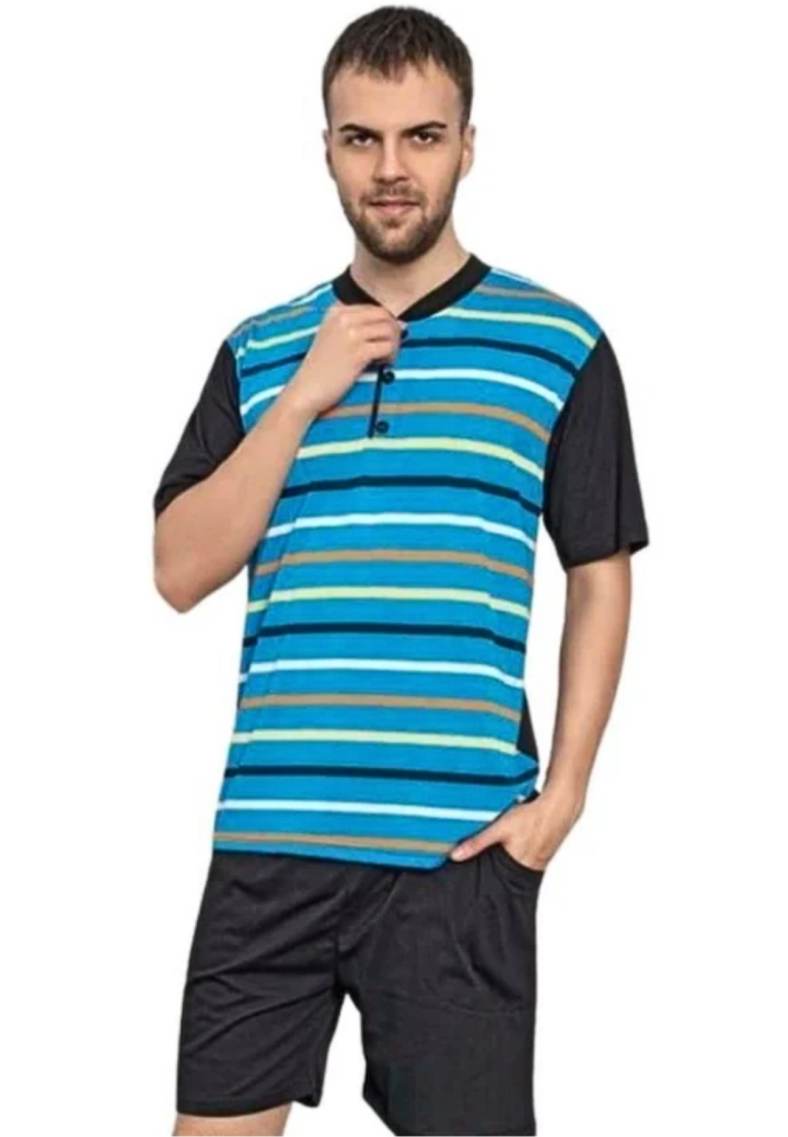 Pijama Bărbați – Mânecă Scurtă și Pantaloni Scurți cu Dungi, Albastru