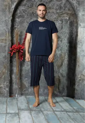 Pijamă Bărbați Mâneca Scurtă și Pantaloni Trei Sferturi /Bleumarin