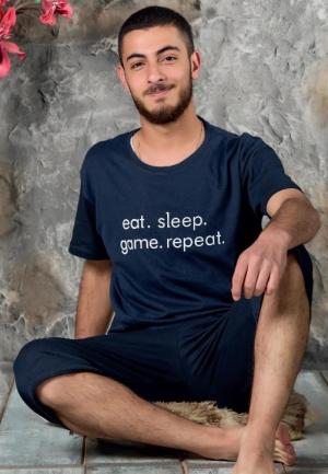 Pijamă Bărbați Mâneca Scurtă și Pantaloni Trei Sferturi Bleumarin