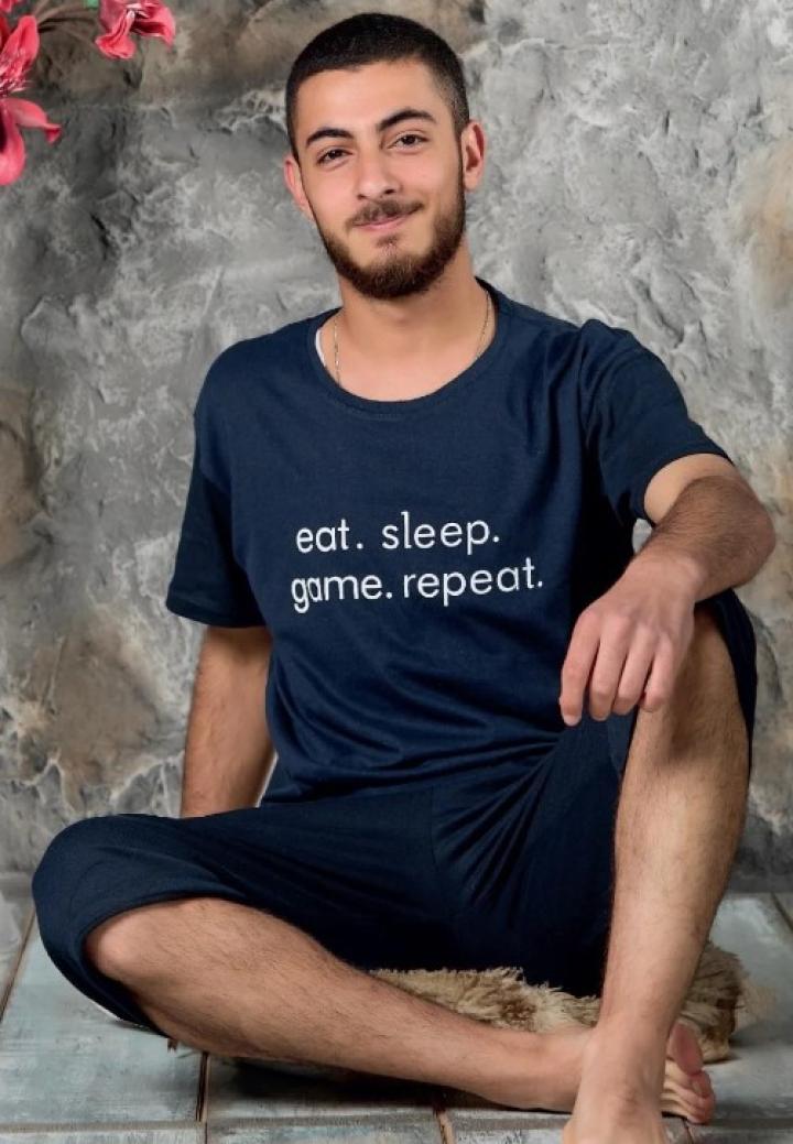 Pijamă Bărbați Mâneca Scurtă și Pantaloni Trei Sferturi Bleumarin