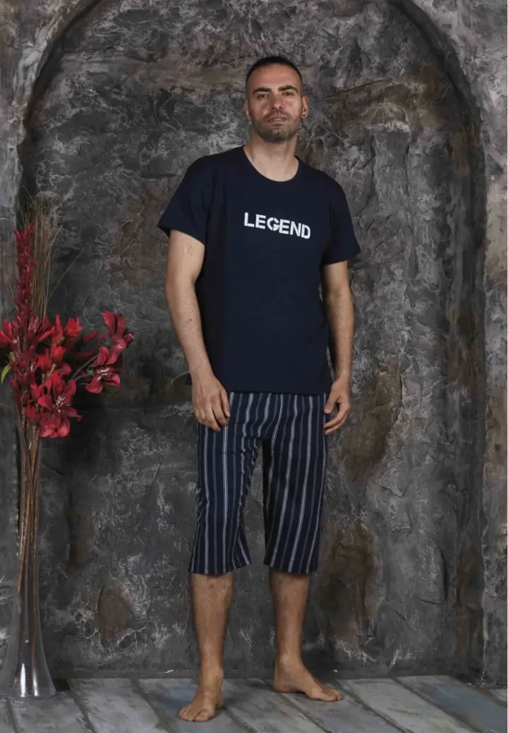 Pijamă Bărbați Mâneca Scurtă și Pantaloni Trei Sferturi Bleumarin