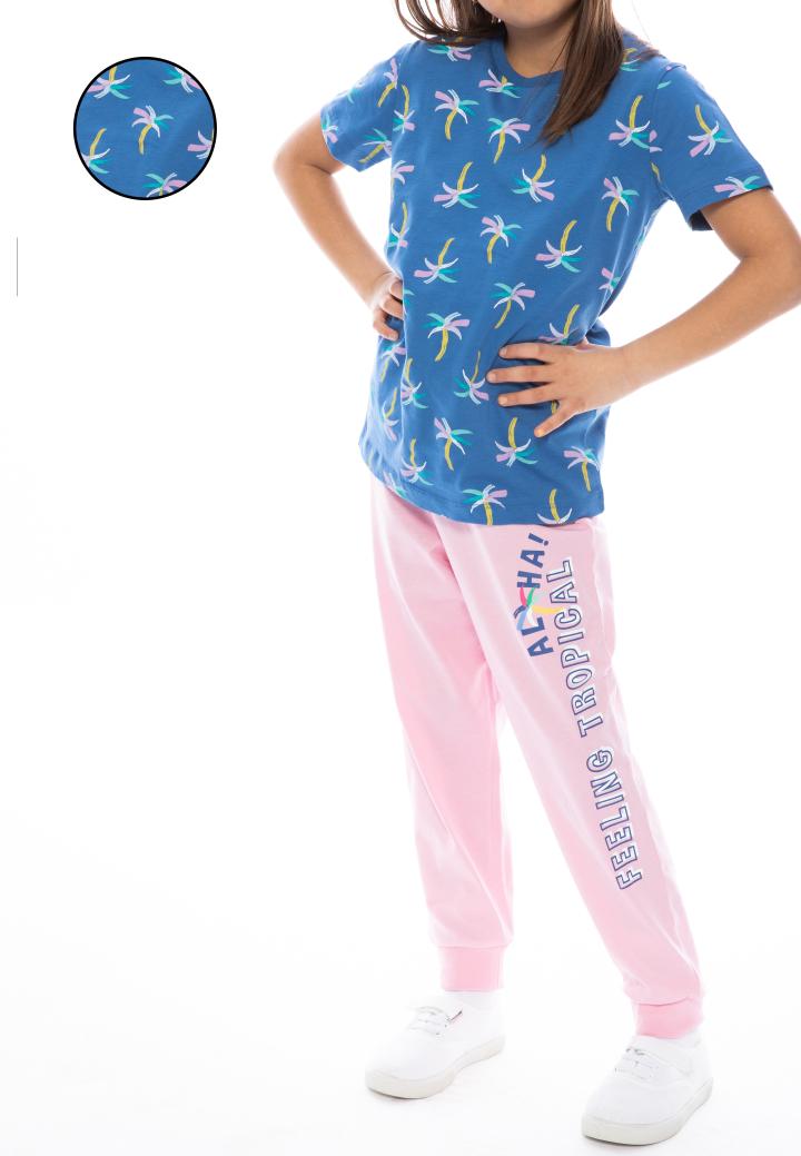 Pijama Fete Bumbac Bluză Mânecă Scurtă și Pantaloni Lungi cu Imprimeu Palmieri