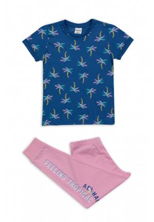 Pijama Fete Bumbac Bluză Mânecă Scurtă și Pantaloni Lungi cu Imprimeu Palmieri
