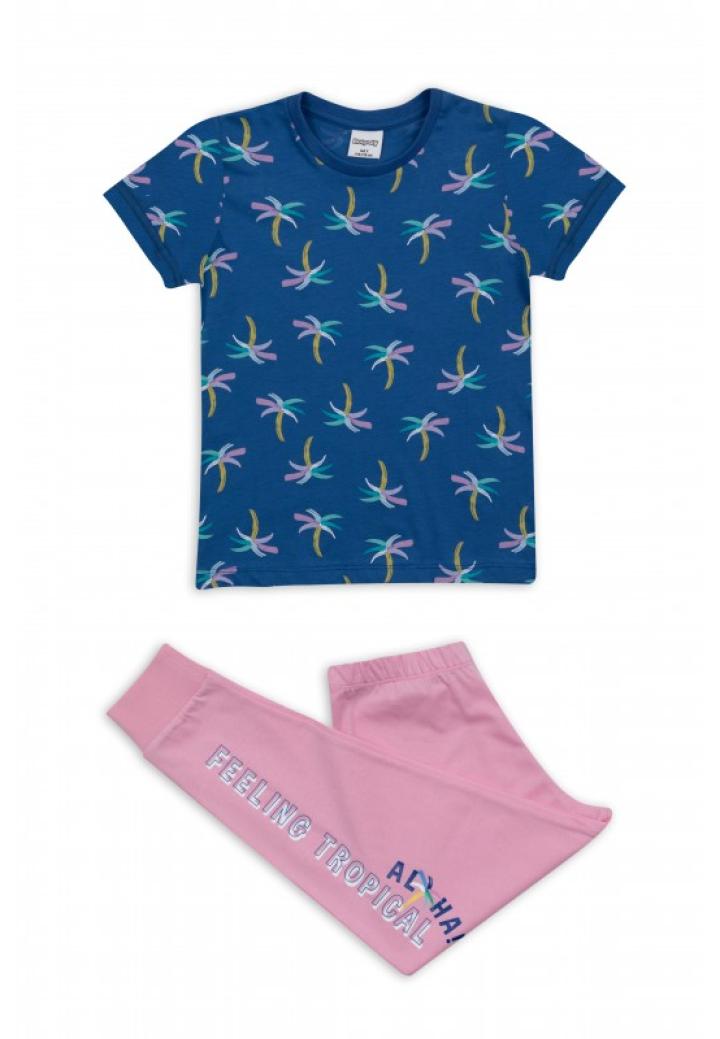 Pijama Fete Bumbac Bluză Mânecă Scurtă și Pantaloni Lungi cu Imprimeu Palmieri