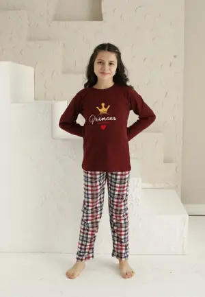 Pijama Fete Mânecă Lungă și Pantaloni Lungi, Bordo cu Imprimeu Princess
