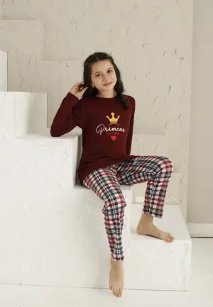 Pijama Fete Mânecă Lungă și Pantaloni Lungi, Bordo cu Imprimeu Princess