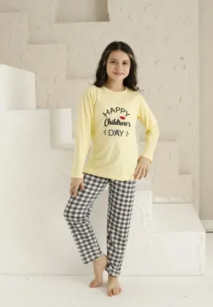 Pijama Fete Mânecă Lungă și Pantaloni Lungi, Galben – Happy Day