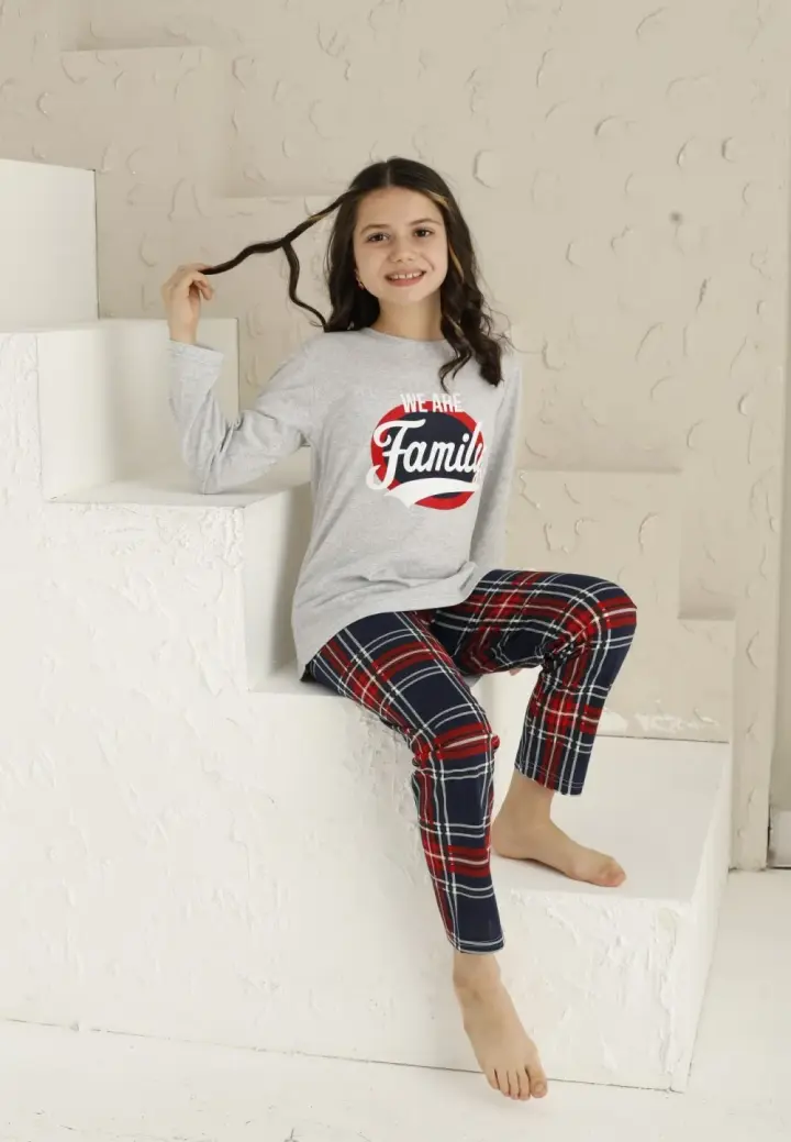 Pijama Fete Mânecă Lungă și Pantaloni Lungi, Gri – Family
