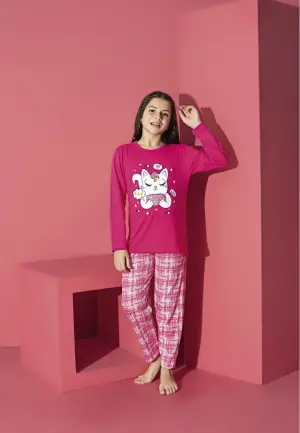 Pijama Fete Mânecă Lungă și Pantaloni Lungi, Fuchsia – Pisica