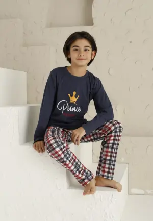 Pijama Băieți - Mânecă Lungă, Pantaloni Lungi - Model Prince, Bleumarin