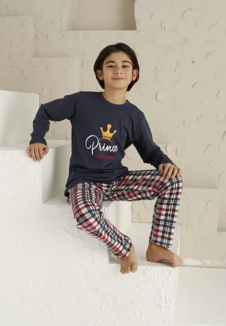 Pijama Băieți - Mânecă Lungă, Pantaloni Lungi - Model Prince, Bleumarin