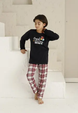 Pijama Băieți Mânecă Lungă, Pantaloni Lungi - Districtie, Bleumarin