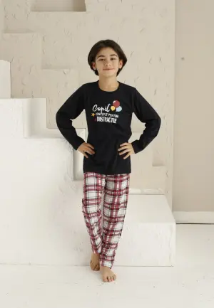 Pijama Băieți Mânecă Lungă, Pantaloni Lungi - Districtie, Bleumarin