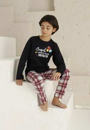 Pijama Băieți Mânecă Lungă, Pantaloni Lungi - Districtie, Bleumarin