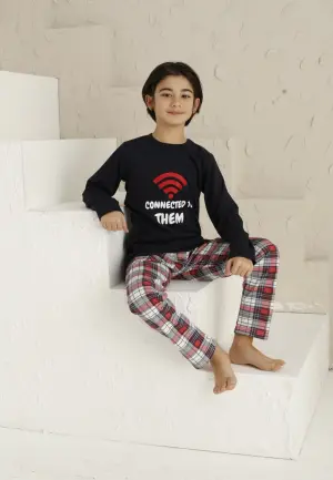 Pijama Băieți Mânecă Lungă, Pantaloni Lungi – Connected To Them, Bleumarin