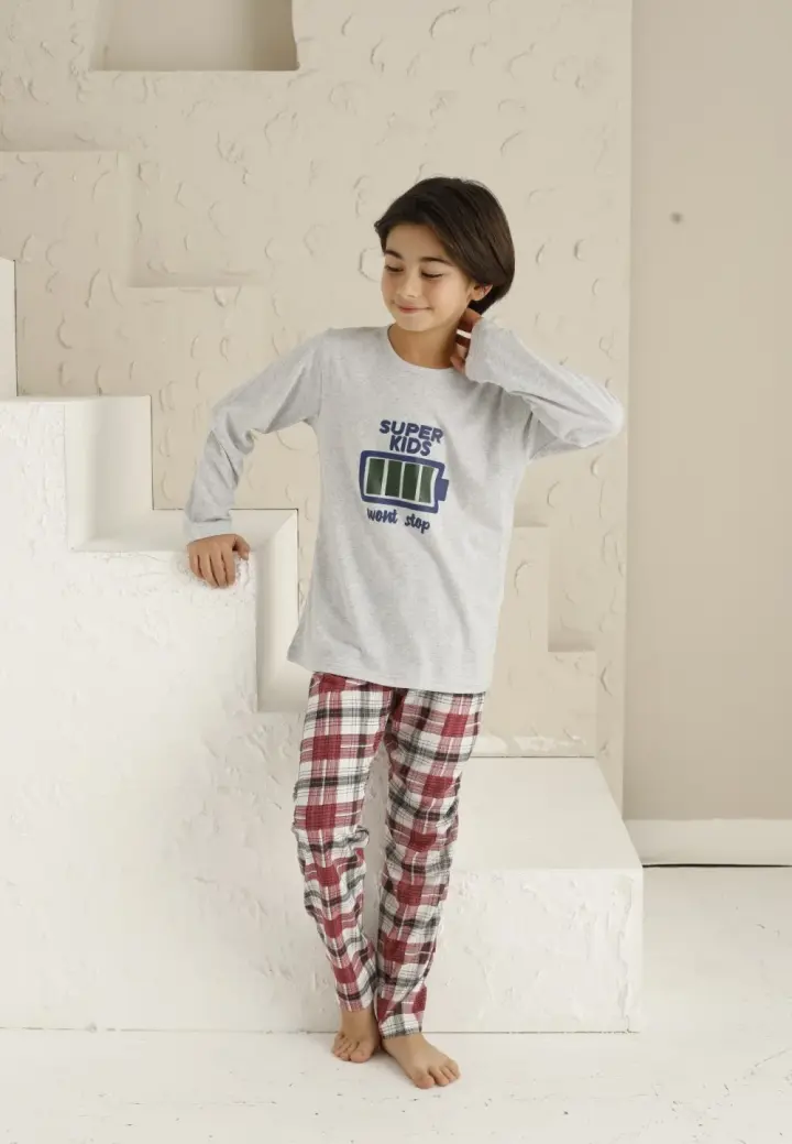 Pijama Băieți Mânecă Lungă, Pantaloni Lungi – Super Kids, Gri