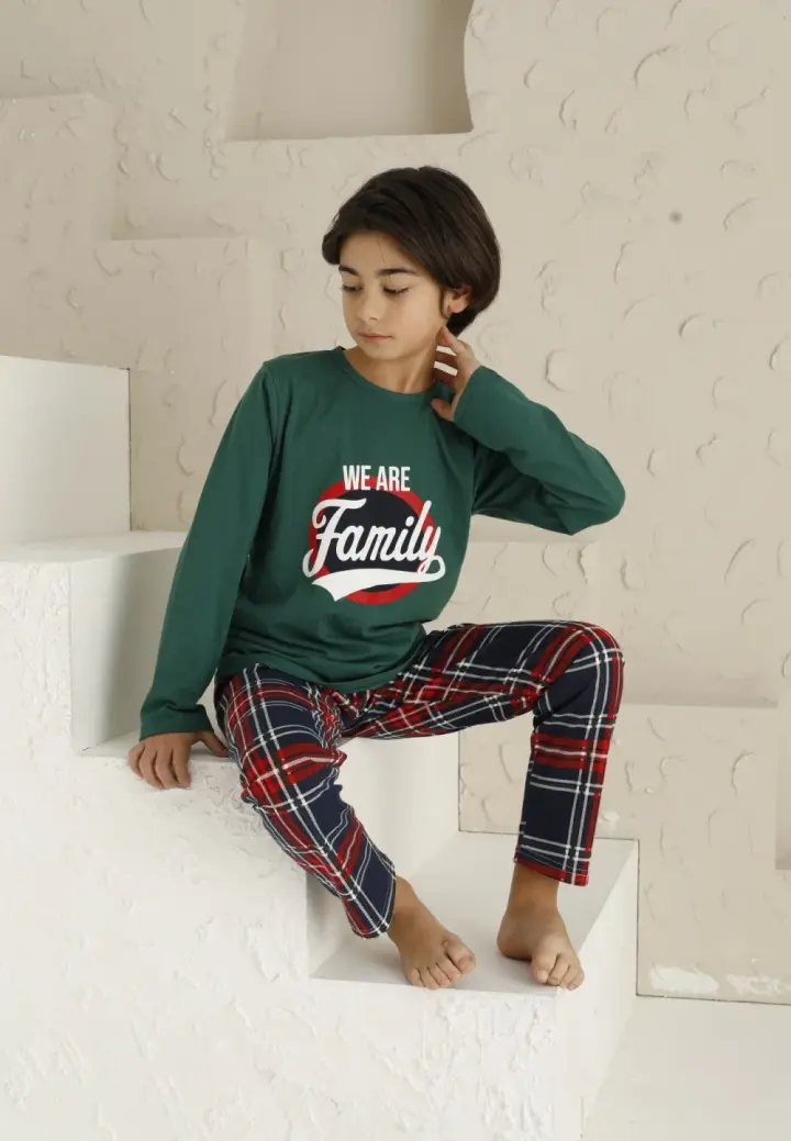 Pijama Băieți Mânecă Lungă, Pantaloni Lungi – Family, Verde