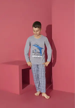 Pijama Băieți Mânecă Lungă, Pantaloni Lungi – Imprimeu Rechin