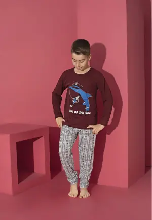 Pijama Băieți Mânecă Lungă, Pantaloni Lungi,bordo – Imprimeu Rechin
