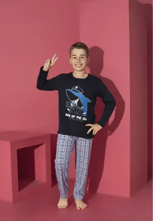 Pijama Băieți Mânecă Lungă, Pantaloni Lungi, Bleumarin – Imprimeu Rechin