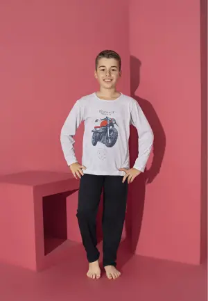 Pijama Băieți Mânecă Lungă și Pantaloni Lungi, Gri cu Imprimeu Motocicletă