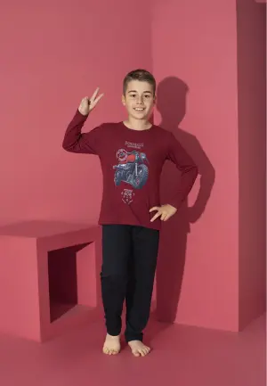 Pijama Băieți Mânecă Lungă și Pantaloni Lungi, bordo, cu Imprimeu Motocicletă