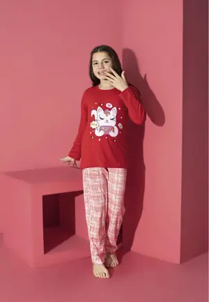 Pijama Fete Mânecă Lungă și Pantaloni Lungi, rosu – Pisica